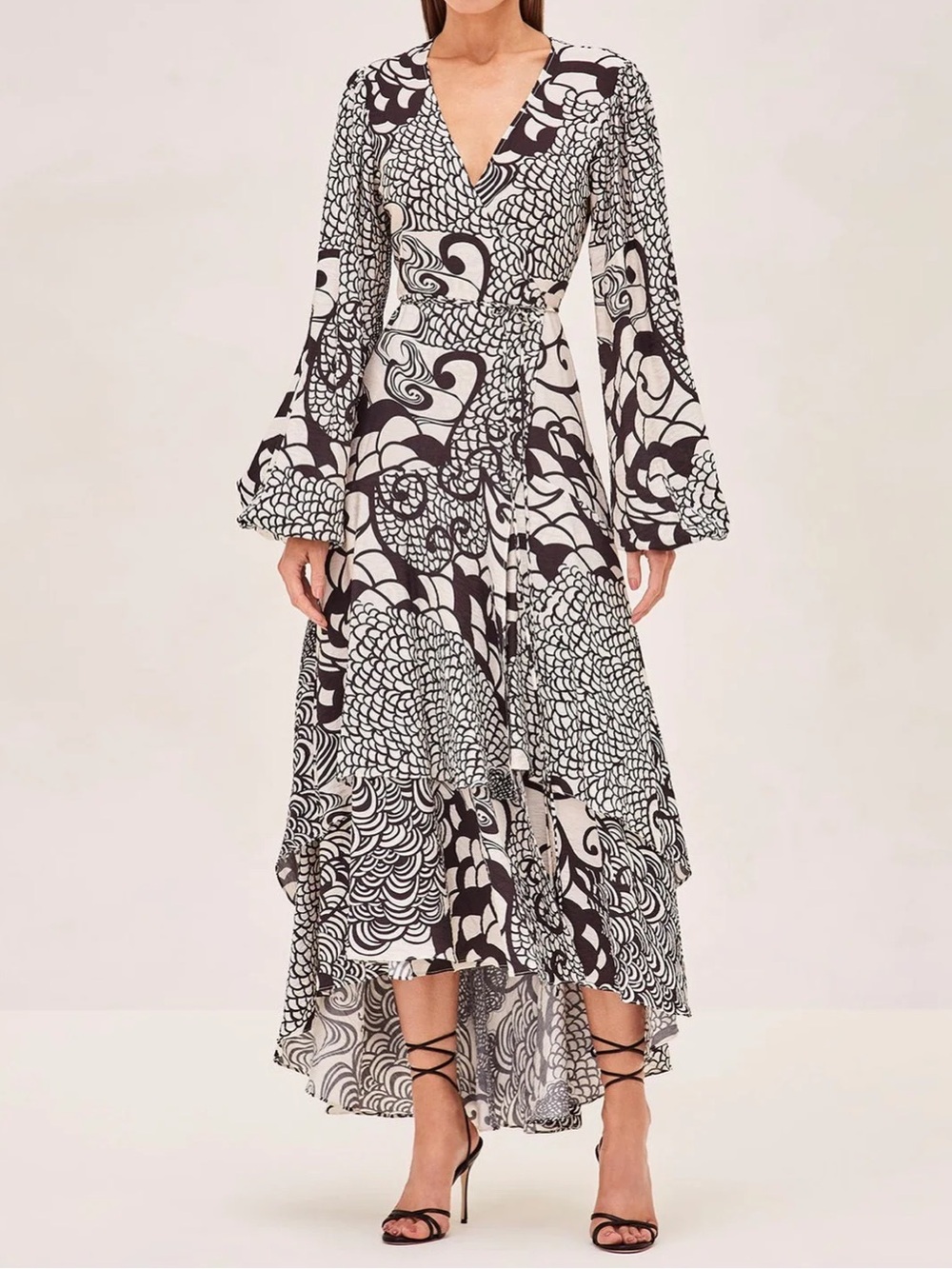 Alexis Zarela Abstract Asymmetrical Midi/Maxi Wrap Dress Women Black Cream Sz S